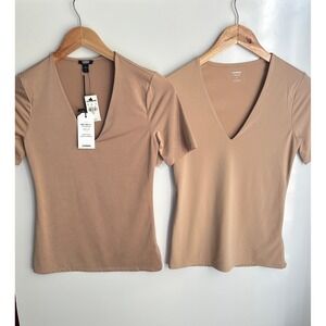 2x‎ Express Body Contour & Fitted Tee Top Beige Short Sleeve XS Classic Office
